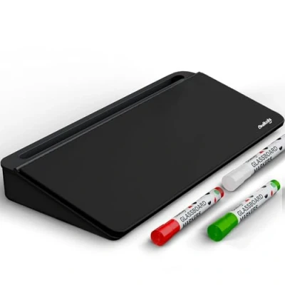 Image of Chalkola Black Glass Desktop Whiteboard with Storage Dry Erase Board, Work Desk Organizers, Computer Keyboard Stand, Home Office Accessories, Workspace Buddy + 3 Markers