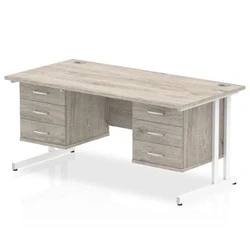 Image of Impulse 1600x800 Desk Grey Oak White Cantilever + 2x Fixed Pedestal