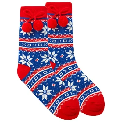 Image of Metzuyan Ladies Fair Isle Patterned Lounge Socks Bed Cosy with Sherpa Lining &amp; Pom Blue UK 4 8
