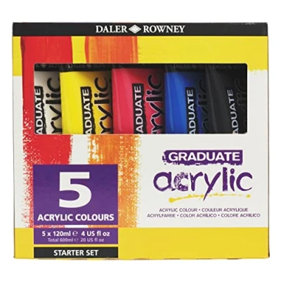 Image of Daler Rowney Graduate 120ml Acrylic Paint Starter Set, 5 Assorted Colours, High Lightfastness, Water Based, Solvent Free, Ideal for Student Artists &amp; Hobbyists
