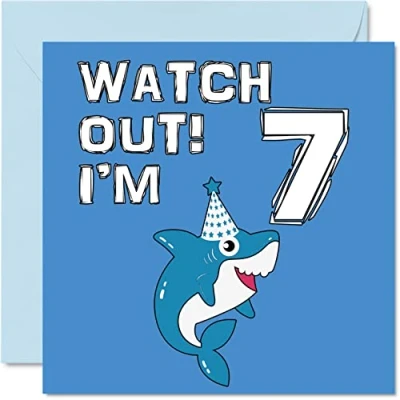 Image of 7th Birthday Card Boy Shark Watch Out Happy 7 Year Old Boy, Boys Cards for Him, 145mm x Greeting Son Brother Grandson Nephew Cousin God Seventh