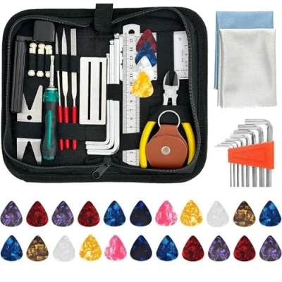 Image of 55Pcs Guitar Repairing Maintenance Tool Kit with Carry Bag,Guitar Repair Tools for Ukulele Bass Banjo,Guitar Care Cleaning Accessories Gift Music Instrument Enthusiast Beginner