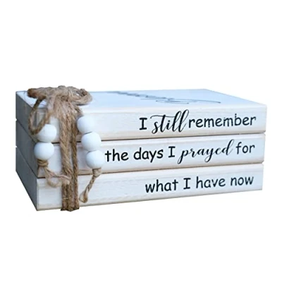 Image of LIVDUCOT Wooden Decorative Books Stack for Coffee Table Faux Book Decoration I Still Remember the Days Prayed Modern Farmhouse Decor White Shelf Fireplace Mantle 7.5x5x3&#039;