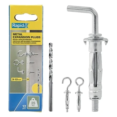 Image of Rapid Hollow Wall Anchors, Pack of 12 Hooks Heavy Duty, Metal Plasterboard Fixings &amp; Hanging for 3 13 mm Thickness, 25 kg Load, Cavity Plugs (5001556)