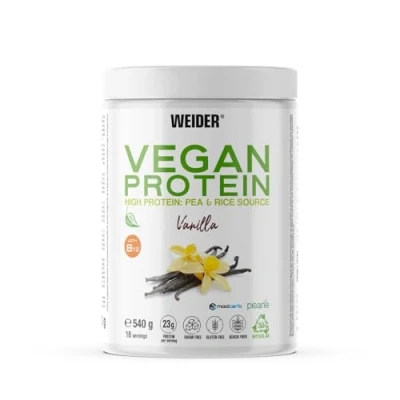 Image of Weider Vegan Protein (540g) Vanilla Flavour. 23g Protein/dose, Pea Isolate (Pisane) &amp; Rice Proteins. with Vitamin B12 Stevia. Gluten Free, Sugar Free. Packaging 50% Recycled, 100% Recyclable