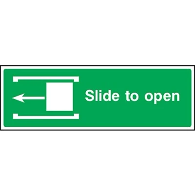 Image of Slide to open left emergency door Safety sign Self adhesive sticker 300mm x 100mm