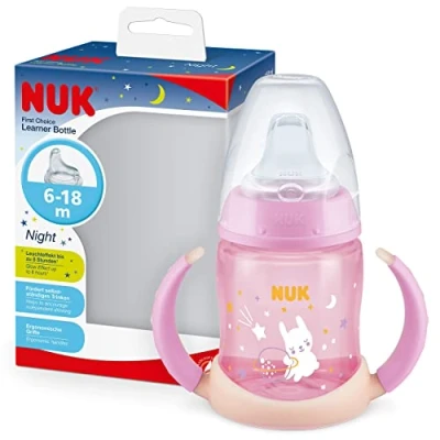 Image of NUK First Choice Sippy Cup Night 6 18 Months 150 ml Glow in The Dark Handles &amp; Orthodontic Silicone Spout Leak Proof Anti Colic BPA Free Pink