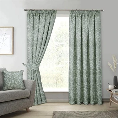 Image of Sundour Floral Keswick Pencil Pleat Curtain Pair Sage Green 46x72