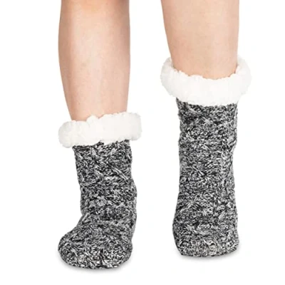 Image of Polar Womens Slipper Socks Soft Fleece Lined With Sole Grips Gift Packaging Snuggly Present For Her Insulated Warm Fluffy Sherpa Lining Thick Thermal Black/Grey UK 5/6