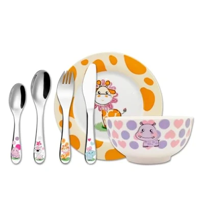 Image of EXZACT Children&#039;s Dinner Set/Cutlery Gift Set 6 Pieces Stainless Steel/Porcelain Ceramic 1x Bowl, Plate, Knife, Fork, Tea Spoon,1x Table Spoon