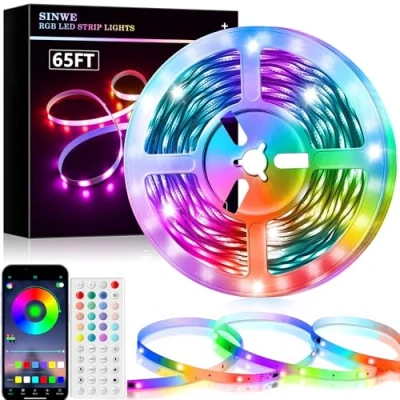 Image of SINWE Led Lights for Bedroom, Music Sync Strip with 44 Keys Remote and App Control, Color Changing RGB Room Home Kitchen Party Christmas Decoration (65.6ft)