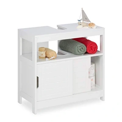 Image of Relaxdays Base Cabinet, 2 Compartments, Sliding Doors, Siphon Cut out, Bathroom Vanity Unit, 60.5 x 60 30 cm, White, Engineered Wood