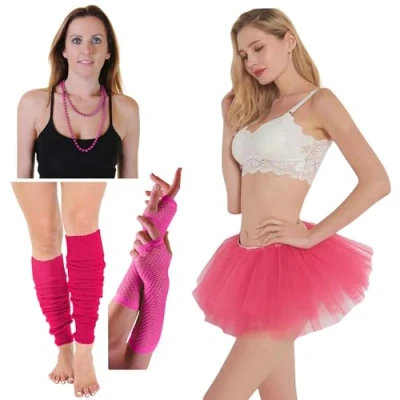 Image of Womens Neon 2 Layer Tutu Skirt Leg Warmer Fishnet Gloves 5 Pieces Set Ladies Novelty Fancy Party Dress Costume (UK 8 14, Pink)
