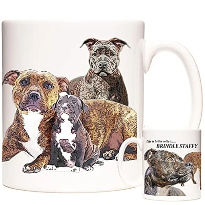 Image of KAZMUGZ Brindle Staffordshire Bull Terrier Dog Ceramic Mug, Staffy Life is Better with A Staffy. Coffee Mug