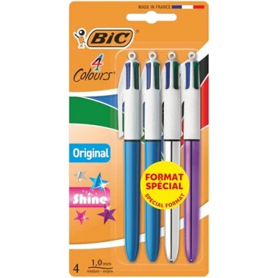Image of Bic 4 Colours Multi Coloured All In One Retractable Ballpoint Pens, Black, Blue, Green, Red Ink, Medium Point 1.0mm, Pack of 4, Original &amp; Shine Barrels