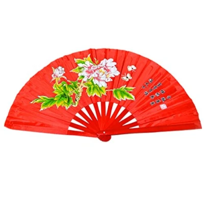 Image of Chinese Kung Fu Tai Chi Fan Arts Dance/Practice Performance Bamboo Folding Peony flower red background