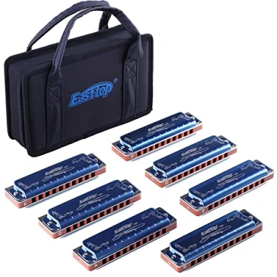 Image of East top Harmonica set of 7, 10 Holes 20 Tones 008K Blues Harmonica, 7 Keys with Blue Case for Adults, Professional Player and Students, as Gift(7)