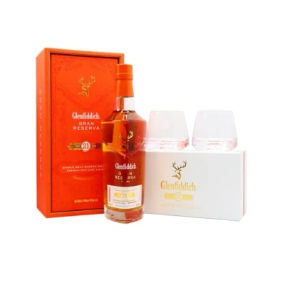 Image of Glenfiddich Tumblers &amp; Gran Reserva Rum Cask Finish 21 year old Whisky 70cl 40% ABV