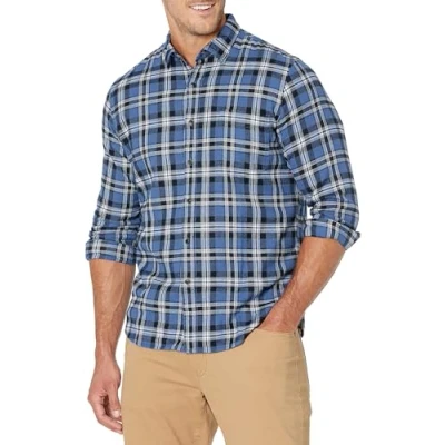 Image of Amazon Essentials Men&#039;s Slim Fit Long Sleeved Button Down Plaid Flannel Shirt, Black Blue Plaid, M