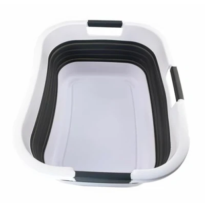 Image of SAMMART 30L Collapsible Plastic Laundry Basket Foldable Pop Up Storage Container/Organizer Portable Washing Tub Space Saving (1, White/Steel Grey)