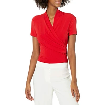 Image of DKNY Women&#039;s Short Sleeve Side Ruche Shirt, Poppy, Large