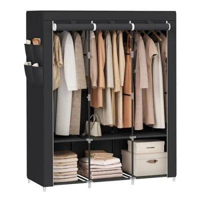 Image of SONGMICS Clothes Wardrobe, Portable Closet with Cover, 130 x 45 167 cm, 3 Hanging Rails, Shelves, 4 Side Pockets, Large Capacity for Bedroom, Living Room, Black RYG092B02