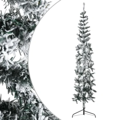 Image of vidaXL Slim Artificial Half Christmas Tree with Flocked Snow Decoration Seasonal Ornament Holiday Xmas 240 cm, White and Green