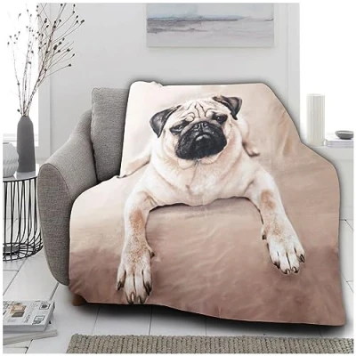 Image of VELVETIO Premium 3D Pug Dog Throw, Ultra Soft Animal Print Warm Fleece Blankets, Extra Large Cuddly &amp; Fluffy Blanket For Sofa Couch, 150 x 200cm