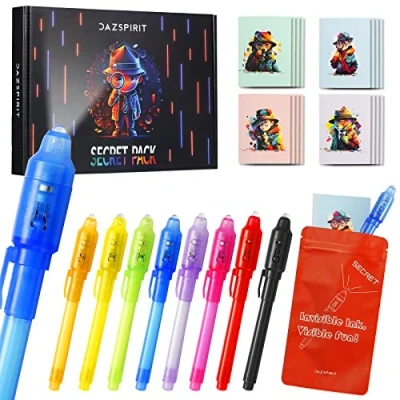 Image of DazSpirit 8 Packs Invisible Ink Pens and Notebooks Detective Theme, UV Light Spy Party Bag Fillers for Boys Girls, Magic Secret Message Parties, Treasure Hunt
