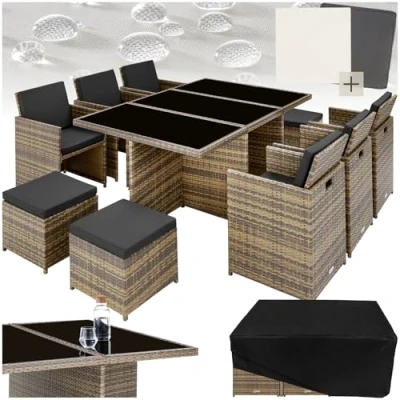 Image of TecTake Polyrattan Garden Furniture Set with Aluminium Base, Including 6 Dining Chairs, 1 Table, 4 Stools, Foldable Lounge Set, For Up To 10 People, Patio natural