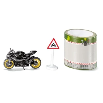 Image of siku 1601, Ducati Panigale 1299 Motorbike with tape and traffic sign, Black, Metal/Plastic, Rubber tyres