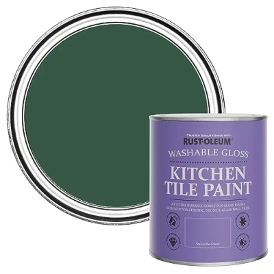 Image of Rust Oleum Green Water Resistant Kitchen Tile Paint in Gloss Finish The Pinewoods 750ml