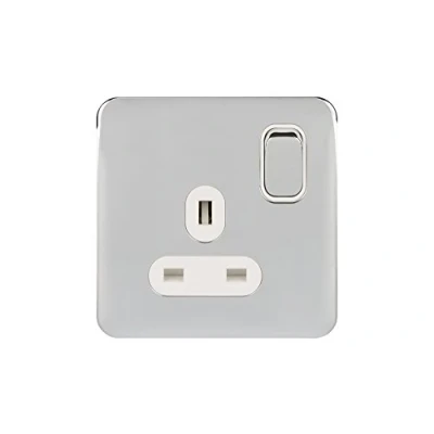 Image of Schneider Electric Lisse Screwless Deco Switched Single Power Socket, 13A, Double Pole, GGBL3010DWPC, Polished Chrome with White Insert