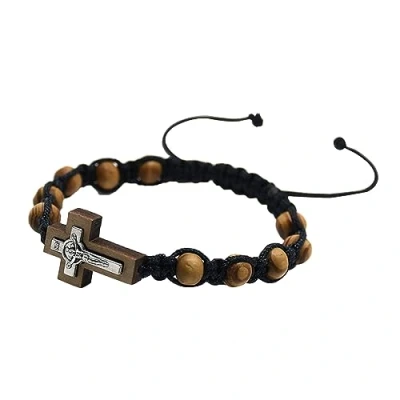 Image of Bogjiru Catholic Cross Rosary Bracelets for Women Men 8mm Wood Beads Braided Adjustable Wristband Jewelry Baptism Gift