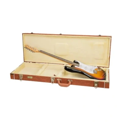 Image of Crossrock Relief Series Wooden Case For Electric Guitars, Fender Telecaster &amp; Stratocaster, With Highly Textured Surface, Mink Imitation Fleece, Stainless Steel Latches, Redwood (CRW630ERO)