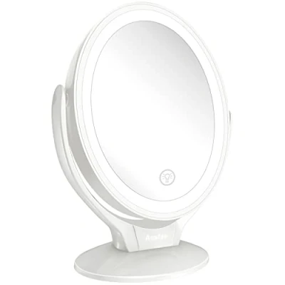Image of Aesfee LED Lighted Makeup Vanity Mirror Rechargeable, 1x / 7x Magnification Double Sided Magnifying with Dimmable Touch Screen, Portable Illuminated for Travel, Bathroom (White)