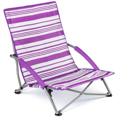 Image of Trail Low Folding Beach Chair, Lightweight Portable Deck Sun Lounger Seat, Camping Festival Picnic Garden, Padded Armrests, Anti Sink Feet, Carry Bag with Strap (Purple Stripe)