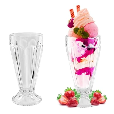 Image of HOMESHOPA Ice Cream Sundae Glasses, Set of 2 Tall Classic Retro American Diner Style Milkshake Soda Fountain Knickerbocker Glory Dessert Dishwasher Safe, 350ml