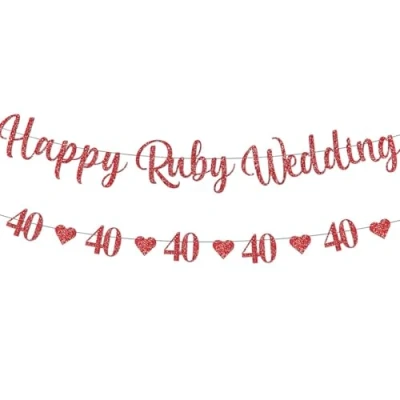 Image of 40th Wedding Anniversary Decorations Glitter Happy Ruby Banner Red Heart Bunting for Birthday Party