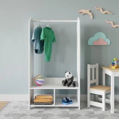 Image of URBNLIVING Kids MDF Wooden Hanging Clothes Rail Wardrobe Storage Display Shelves &amp; Mirror Freestanding (White)