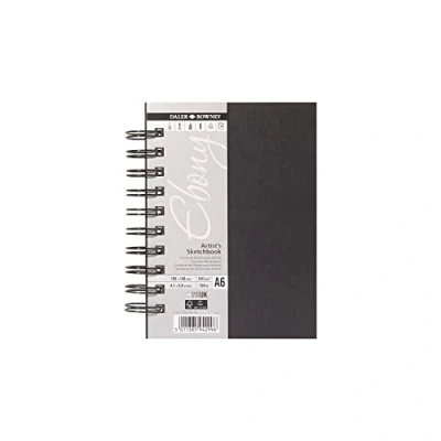 Image of Daler Rowney Ebony Lightly Textured 160gsm A6 Hardback Portrait Sketchbook, Spiral Bound, 50 White Sheets, Ideal for Professional Artists &amp; Students