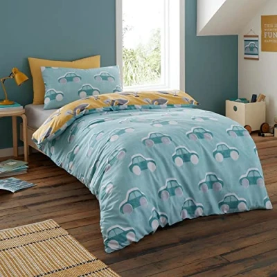 Image of Bedlam Cool Cars 100% Cotton Duvet Cover Set Baby/Cot Bed Size in Duck Egg, Cot/Baby, Blue/Yellow
