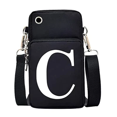 Image of FINDING CASE initial letter Printed Women Girls men Zipper Waterproof Nylon 3 Layers Crossbody Bags Wallet Cellphone Purse Shoulder Bag Wristlet Handbags Adjustable Strap (White C)