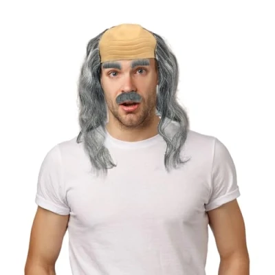 Image of UILYNIU 3 Pcs Semi Bald Wig Set Grandpa Mustache Fake Eyebrows Old Men Costume Scientist Funny Wigs Fancy Dress Accessories for Party Carnival Halloween Cosplay (3 Pcs)