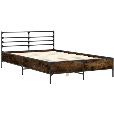 Image of vidaXL Small Double Bed Frame Engineered Wood/Metal, Smoked Oak, Plywood Slats, 120x190 cm, for Bedroom Furniture