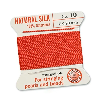 Image of GRIFFIN 100% Natural Silk Beading Cord String Thread Coral 2 metres with one needle Size 0.90mm