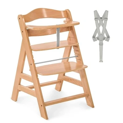 Image of hauck Alpha+, Natural Wooden High Chair 6 Months to Adult Sustainable FSC® Certified Beechwood Toddler Feeding and Entertainment Chair, Inclusive 5 Point Harness Bumper Bar Crotch Strap