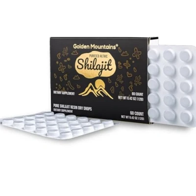 Image of Premium Pure Shilajit Dry Drops by Siberian Green Altai Golden Mountains 60 Count (200 mg) Food Supplement Fulvic Acid
