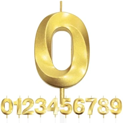 Image of Number 0 Birthday Candles, 3D Design Gold Glitter Happy Cake Topper Decorations, Candle for Party, Wedding Anniversary 1pc