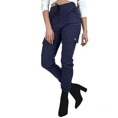 Image of Women&#039;s Button Cargo Pocket Jean Denim Look Stretch Fit Combat Trousers Joggers Pants (S M, Navy)